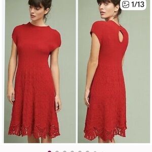 Anthropologie Feather Bone Oda Wool Red Crochet Sweater Dress Sz Small Holidays